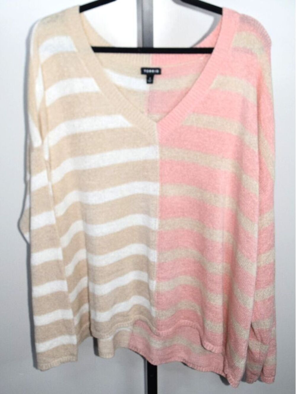 Torrid Sweater Women's Size 3 Tan Pink White Striped Colorblock V-Neck Knit Top